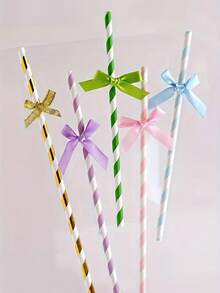 1 Set/3pcs Sparkling Bowknot Decorated Straws, Cute Cartoon Striped Paper Straws For Wedding Gender Reveal Christening Party Decorations, Birthday Party Supplies,School Supplies