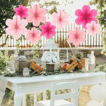9 piezas- Decoraciones de papel, Set de 9 - Decoraciones colgantes de flores rosas, abanicos de fiesta y fondos florales para bodas, cumpleaños, decoración interior de sala de estar y dormitorio