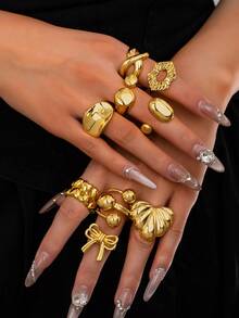 1枚18K镀金女士心形戒指，蝴蝶结戒指，圆顶设计不对称个性戒指，适合日常穿搭，精美抛光简约基础款设计戒指 - 金色 - 查看 11