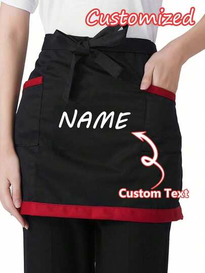 1Pc Personalized Custom Unisex Polyester Apron With 2 Pockets - Customizable Short Half Waist Waiter Work Uniform Hair Stylist Black Apron Hairdresser Beauty Salon Cosmetologist Cosmetology School Barber Gift Custom, For Kitchen, Hotel, Restaurant, Cooking, Baking, And Chef Use, Perfect For Personalized Text Or Logo, Home Harmony, Multi-Functional, Durable, For Valentine's Day, For Mother's Day, For Birthdays, For Father's Day, For Graduation, For Weddings, For Housewarming
