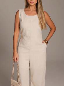 Elegant Linen Pantaloon Jumpsuit Wide Legs And Discreet Pockets - Beige - View 4