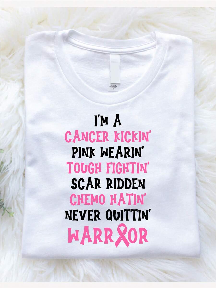 Breast Cancer Warrior Tee-Shirt, Cancer Kickin' Pink Wearin' Tough Fightin' Scar Ridden Chemo Hatin' Never Quittin' Cancer Warrior Tee GO-1061 - trắng - Xem 1