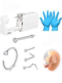 AVYRING 4-10Pcs Nose Piercing Kit With Silver Gold Nose Stud, 1Pack Nose Piercing Gun, Disposable Nose Piercing Kit With Straight L-Shape Nose Rings Stud White CZ Nose Piercings Gun Kit Tool - Multicolor - View 5