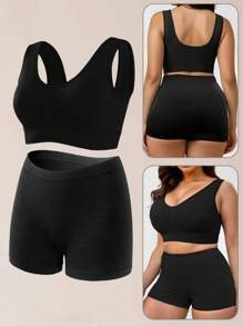 1 Set Plus Size Women Black Comfortable Seamless Wide Band Sports Bra And Soft Elastic Seamless Mid-Waist Sports Shorts, Suitable For Fitness, Running, Yoga
