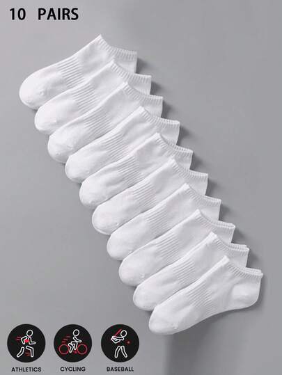 10 Pairs Men & Women Fashion Minimalist White Ankle Socks, Elastic, Suitable For All Seasons, Couples Style