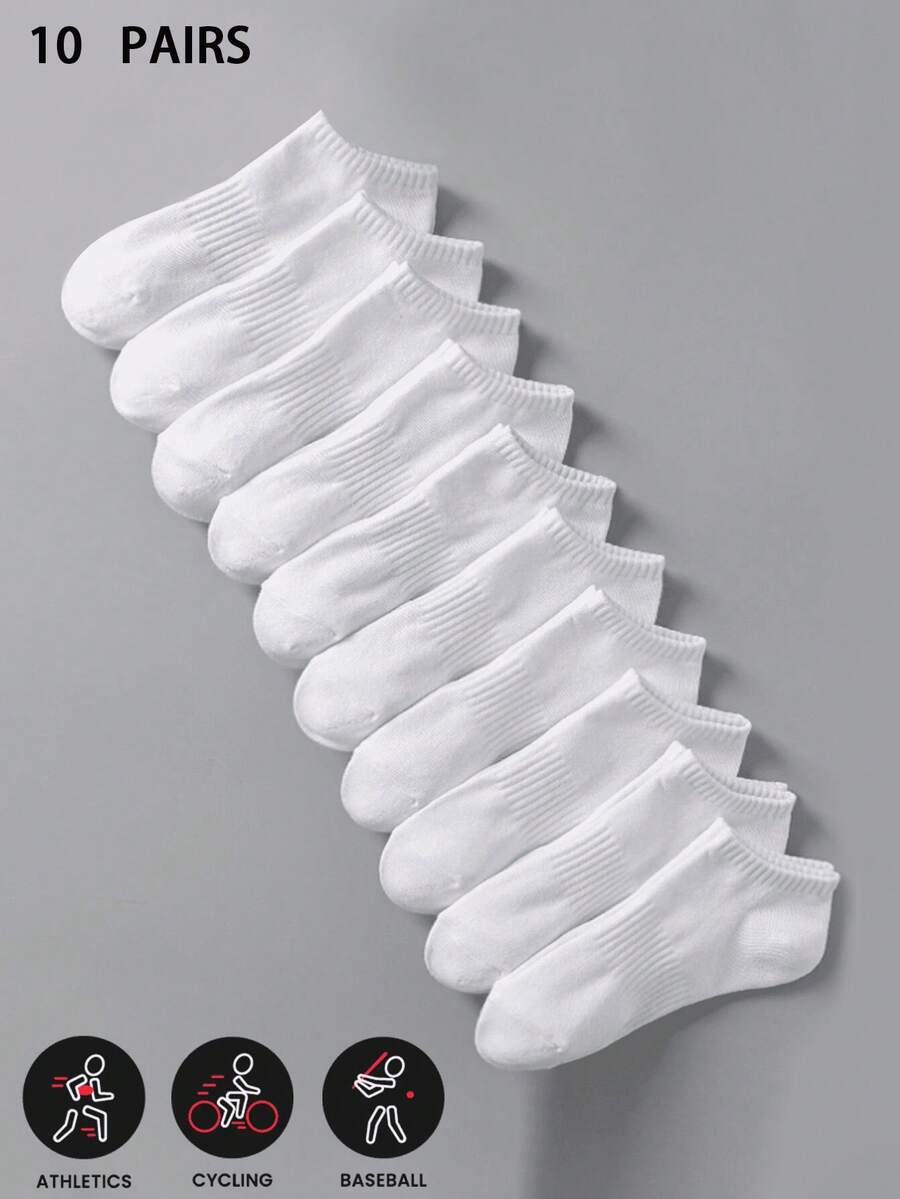 10 Pairs Men & Women Fashion Minimalist White Ankle Socks, Elastic, Suitable For All Seasons, Couples Style