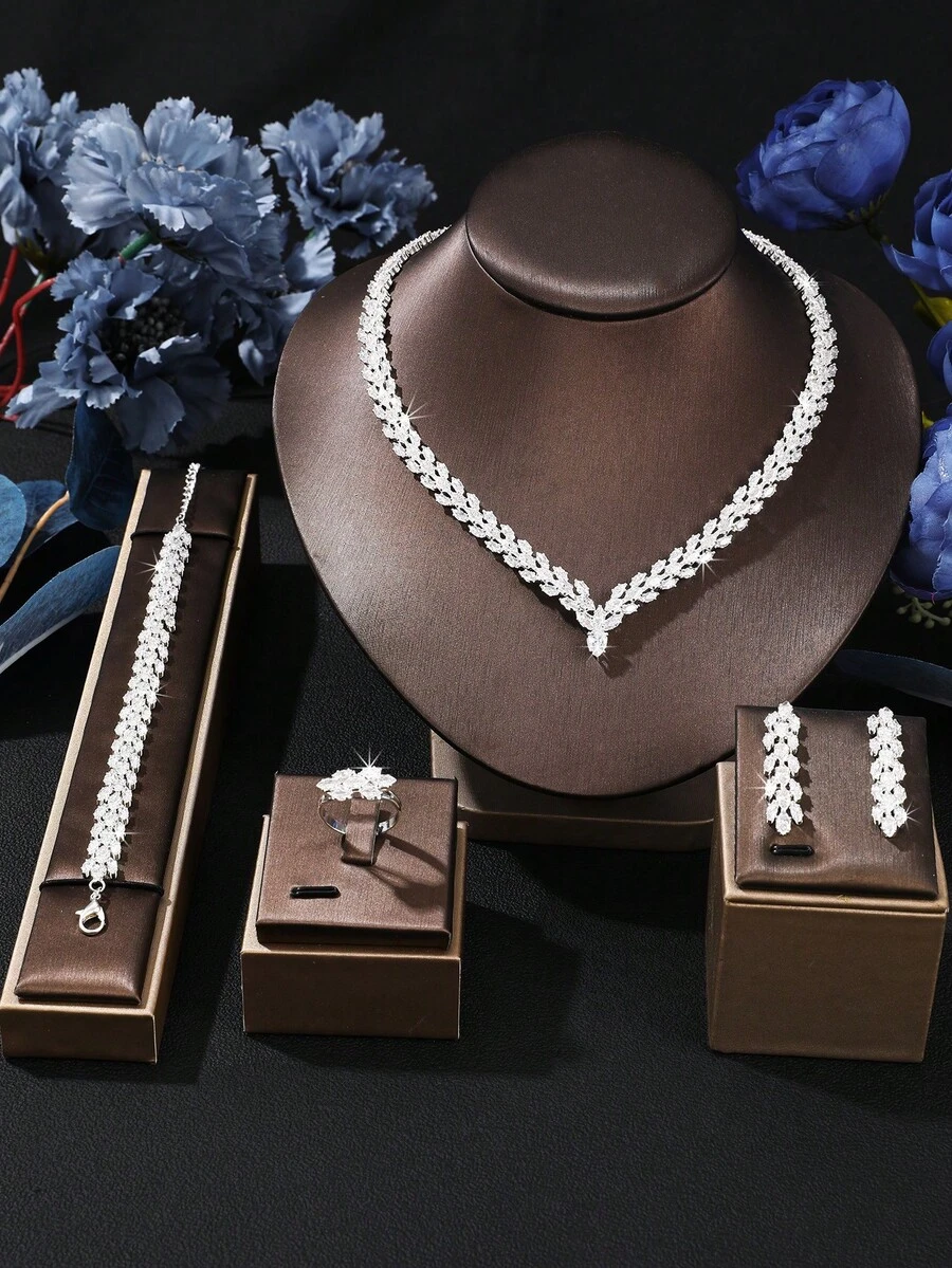 5入組高端豪華優雅立方氧化鋯新娘婚禮珠寶套裝，全鑲鑽石裝飾，女性時尚派對配件 - 白色 - 查看 1