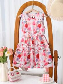 Vestito con stampa floreale, con fiocco e arricciature per ragazze giovani