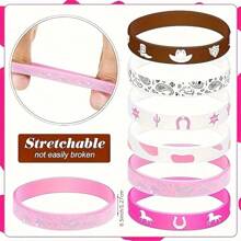 Pulseras de silicona de vaquera: 6/12/24 piezas Pulseras elásticas de colores para fiestas del oeste, cumpleaños y eventos - 6 patrones únicos