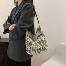 Retro New Chinese Style Large Capacity Tote Bag Printed Literary Single Shoulder Oblique Shoulder Side Flow Wrapped Hot Female Single Shoulder Fashion Canvas Bag Wrapped Hippie Oblique Shoulder Bag La Boheme Style Pattern Wandering Bag