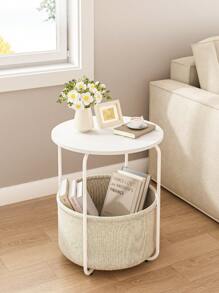Small Bedside Table With Fabric Basket, Modern Nightstand, Round Side Table, For Living Room, Bedroom