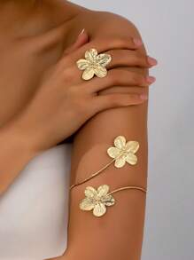 2pcs Fashionable 5-Petal Flower Opening Bracelet & Ring Set, Minimalist & Versatile Elegant