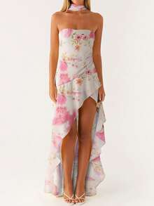 Women Casual Tube Dress Summer Solid Color/Floral Print High Low Ruffles Dress With Scarf For Cocktail Streetwear - 白色 - 查看 1