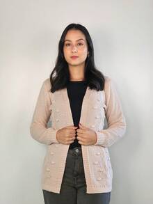 Polka Dot Knitted Cardigan Coat - 粉紅米色 - 查看 3