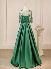 Abito elegante vintage verde a ruota per la madre della sposa, con stola in pizzo e paillettes, stola inclusa