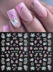 2 Pieces Of Spring And Summer Heart-Shaped Hollow Petal Nail Art Stickers - White, Pink, And Blue Hollow Five Petal Flowers And Heart-Shaped Art Design, 5D Relief Plastic Material, Suitable For Women's Disposable Self-Adhesive Back Adhesive Nail Art Stickers, Spring And Summer Fresh And Simple Floral Theme Style, Easy To Stick Nail Decoration Stickers