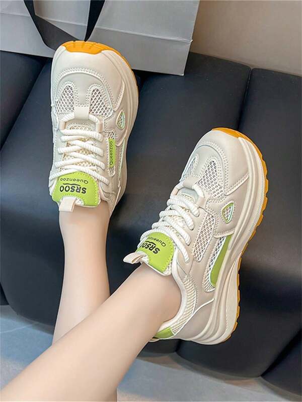 Women's Chunky Sneakers With Breathable Mesh, Contrast Patchwork Design, Fashionable & Minimalist, Thick Sole For Comfortable Walking