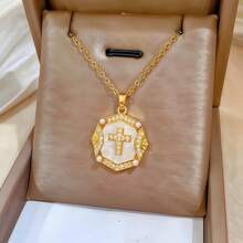 1pc Luxurious Pearl Stainless Steel Cross Titanium Chain Pendant Necklace, Arabic Style Cross Necklaces For Women, Suitable For Daily Wear Or Gift