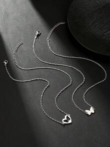 2 件套简约不锈钢蝴蝶心形元素吊坠项链，适合日常佩戴，送给女朋友、家人、朋友、海滩度假、节日、生日的礼物 - 銀白色 - 查看 2