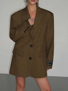 Women's Brown Casual Loose Blazer Jacket With Letter Print, Notched Collar, Single-Breasted, Long Sleeve, Suitable For Banquet, Wedding, Festival, Party, Halloween, Christmas And Other Occasions