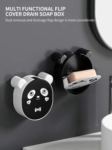 1 pièce Boîte à savon mignonne de dessin animé avec couvercle rabattable, support de rangement de savon de salle de bain monté au mur sans perçage, boîte à savon panda pour la rentrée scolaire