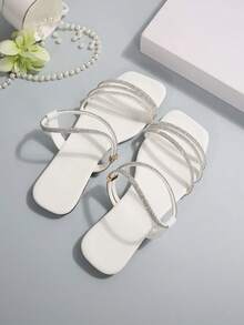 Summer New Fashion Versatile Rhinestone Flat Slide Sandals Fairy Style Beach Slippers Suitable For Dating Shopping Gathering Party Commuting Vacation Leisure - White - View 6