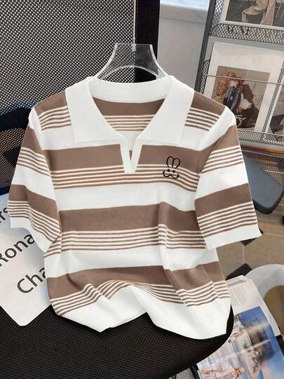 ملابس علوية بولو مضفر للنساء للصيف، تصميم جديد بخطوط ملونة مطرزة، قمصان كاجوال