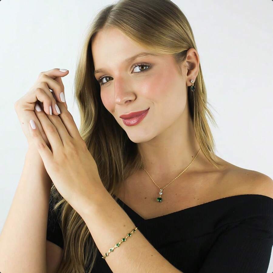 18k Gold Plated Semi-Jewelry Kit - Set With Bracelet, Chain, Pendant And Heart Earrings - 墨綠色 - 查看 1