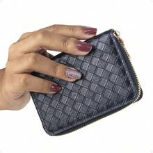 Unisex Slim Anti-Theft Zipper Card Holder Wallet Universal Women Men Plaid - 黑色 - 查看 2