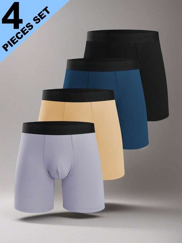 4pcs Men's Underwear, Solid Color Casual Boxer Briefs, Lounge Pants, Comfortable Breathable Pajama Shorts, Boxer Briefs