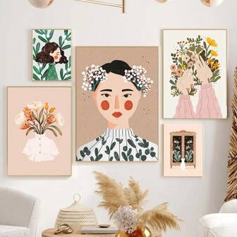 1 pièce Affiches Art mural avec cadre/encadrées. Affiche pop art boho, illustration de fille mode, fleurs et feuilles. Peinture sur canevas, affiche nordique et impressions pour la décoration du salon.