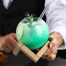 1 Set 450ml Round Moon Cocktail Glass With Wooden Base, Clear Spherical Wine Glass, Smoothie Bowl, Creative Juice Glasses, Drinking Glasses, For Bar, Pub, Club, Restaurant, Home Use, Summer Drinkware Accessories