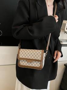 时尚休闲百搭大容量双层单肩斜挎包，复古设计高品质按扣小方包，女士 - 灰色 - 查看 2