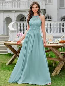 MIUSOL 亮片花卉蕾丝露背褶皱雪纺正式派对长裙，适合婚礼宾客、毕业典礼、盛大晚宴和其他正式场合的正式晚礼服 - 薄荷藍 - 查看 6