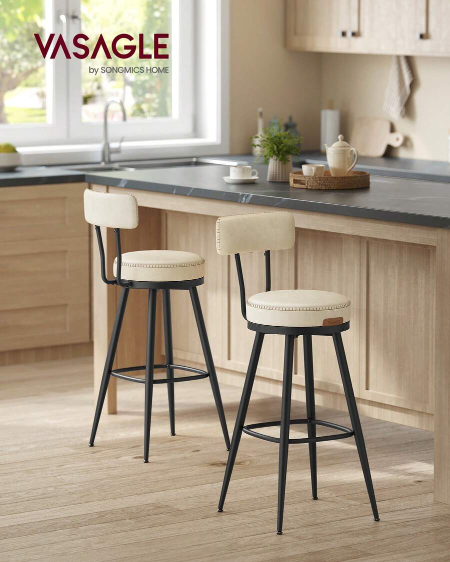 VASAGLE 360° Swivel Bar Stools Set Of 2, Bar Height Bar Stools With Back, Synthetic Leather With Stitching, Mid-Century Modern, 30-Inch Tall, Kitchen Home Bar - White - View 1