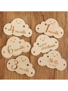 Un conjunto de placa de hito de madera de nube para bebé de 1 a 12 meses, registro del crecimiento del bebé, decoración fotográfica, placas de distancia con doble cara, tarjetas de hito mensual del bebé colgantes, recuerdo grabado con doble cara como accesorio fotográfico