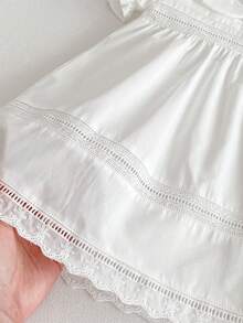 夏季少女蕾丝边镂空格纹翻领白色连衣裙 - 白色 - 查看 7