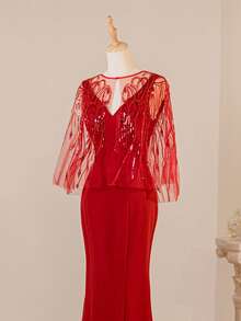 Heart Sequin Embroidered Mesh Shawl Fishtail Evening Gown Dress, Formal, Party Dress, For Wedding Guest - Red - View 4