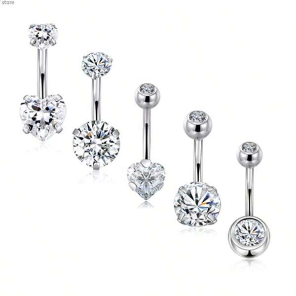 5PCS 14G Surgical Steel Belly Button Rings For Women Round CZ Navel Ring Long Belly Rings Belly Piercing Jewelry