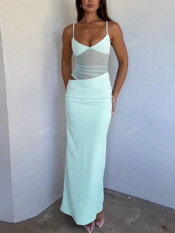 A Sexy Gauze Gauze Splicing Asymmetrical Hollow Halter Slimming Dress Multi-Color Optional