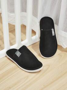 Men'S Indoor Slippers, Men'S Plain Black House Slippers, Striped Plush Flat Slippers, Autumn/Winter Warm Plush Slippers,Furry Shoes - Black - View 4