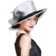 HIMESPORT Sombreros de boda para mujer verano 2025 - Bombín vintage con ribete de cinta de encaje, sombrero de cúpula elegante de ala ancha para el té, la iglesia y los accesorios nupciales, diseño de copa plana ajustable negro/blanco
