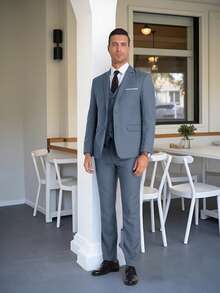 Men's Slim Fit 3-Piece Suit Two Buttons Notched Lapel Solid Suit Jacket Vest Pants Set Tuxedo For Prom Concert Graduation Season Size XS-3XL Men's Spring New Products Suit Sets For Wedding Concert  Graduation Season - 藍色 - 查看 8