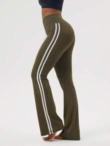 Sodalemon Quần legging nữ phong cách đường phố Blockcore thể thao, phối sọc bên hông, dệt họa tiết, ống loe, thích hợp cho yoga. - Màu xanh lá cây đậm - Xem 7