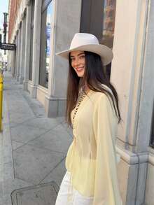 Bluză elegantă de damă cu imprimeu panglică, culoare simplă, cu manșete evazate, stil casual, pentru petreceri, primăvară/vară - Galben - Vizualizare 3