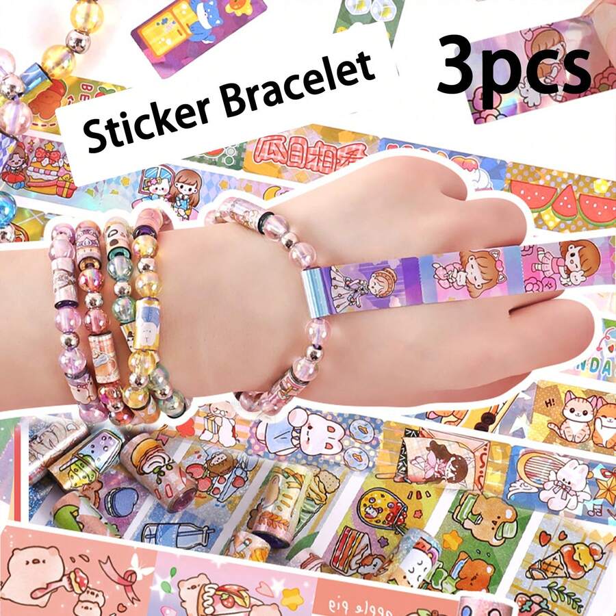 3pcs Random Sticker Bracelets DIY Handmade Bracelet Cute Sticker Creative Sticker Holiday Gift,School Supplies,Back To School - Multicolor - View 1