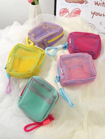 1 件迷你马卡龙色清新风格优质纹理多功能网眼视觉收纳袋，带提手，糖果色钱包袋，便携式化妆包小袋迷你化妆品收纳袋，适合女孩，拉链开合手拿包