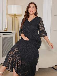 DEARCASE Plus Size Women's Deep V-Neck Ruffle Sleeve Multi-Tiered Hem Long Dress Black Vacation Summer Elegant - Black - View 6