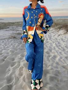 New Women Loose Fit Spring/Autumn Fashion Casual White Horse & Sun Moon Digital Print Contrast Color Long Sleeve Top & Pants 2 Pieces Set - Multicolor - View 5