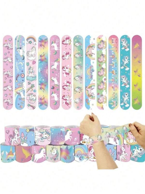 Pulseira de plástico multicolorida com 12 peças, estampa fofa de unicórnio, estampa de planeta, pulseira de tapa, anel de tapa criativo, decoração de pulseira de festa com tema de desenho animado